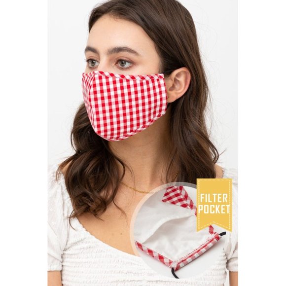Red Gingham Reusable 3 Layers Filter Pocket Mask - Picture 3 of 8